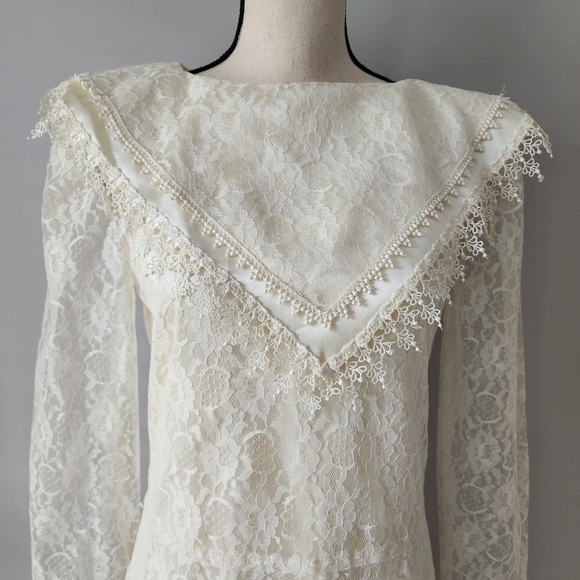 Vintage 80s Jessica McClintock Lace Ivory Wedding Dress Size 8 - Picture 3 of 12